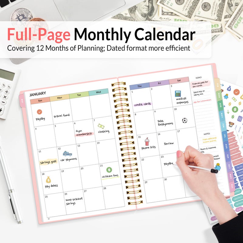 ساني مخطط الميزانية 2026 - كتاب الميزانية الشهرية من يناير 2026 - ديسمبر 2026 مع دفتر تعقب النفقات، مقاس A5 (6.4 بوصة × 8.3 بوصة") دفتر حساب منظم الفواتير ومخطط المالية لإدارة أموالك، وردي - Image 2